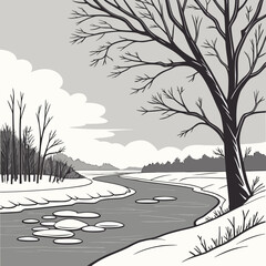 Winter landscape with winding river and bare trees