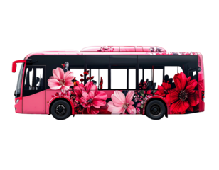 Passenger Bus with Decorative Red and Pink Floral Design, Side Angle, Isolated PNG