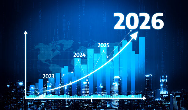 This dynamic digital illustration depicts a growing business trend chart from 2023 to 2026, set against a vibrant city skyline, showcasing future projections. Tessel