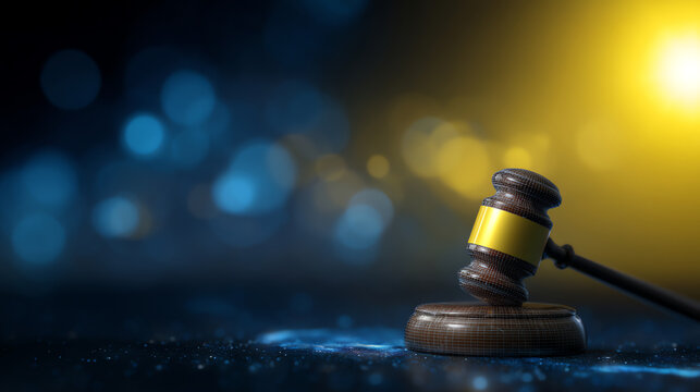 A wooden judge's gavel with a golden band rests on a sounding block against a blurred background of blue and yellow bokeh lights