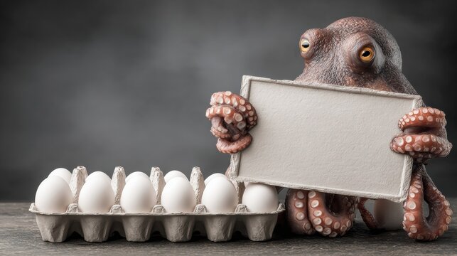 Realistic Octopus Holds Blank Sign Next to Egg Carton Promoting Sustainable Farming Practices at an Organic Backdrop