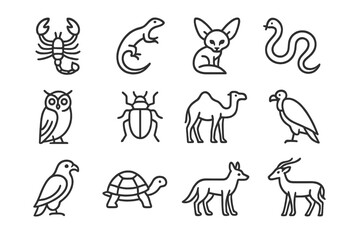 Fototapeta premium Desert Wildlife Icons. Desert wildlife. Line outline icon set of desert wildlife: scorpion, lizard, snake,