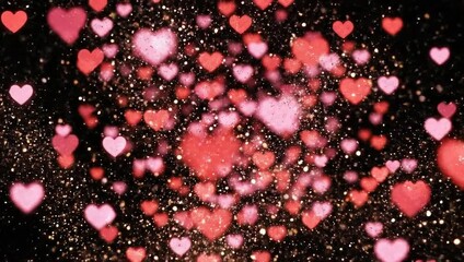 Red and pink hearts with golden glitter particles exploding on a black background, perfect for romantic and celebratory themes.