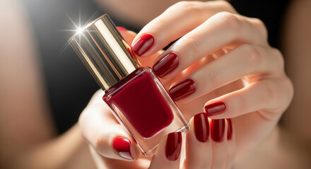 Glamorous red manicure and nail polish bottle create a stunning beauty statement for fashion blogs or cosmetic ads, radiating elegance and sophistication.