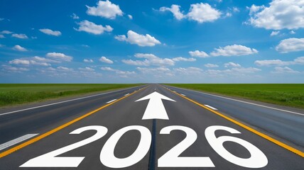 Drive into 2026 with ambition and vision on a scenic road to success, perfect for future planning and corporate strategy presentations