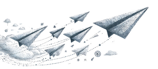 Paper airplane. Outline flying planes from different angles and direction with dotted track, travel or message symbols, linear vector set. Curved route with aircraft for mail delivery