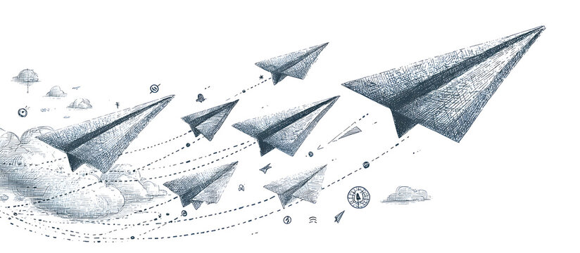 Paper airplane. Outline flying planes from different angles and direction with dotted track, travel or message symbols, linear vector set. Curved route with aircraft for mail delivery