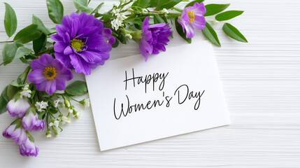 festive women’s day greeting card with vibrant spring flowers on soft pink background for holiday celebration and seasonal promotions