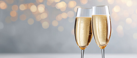 elegant celebration banner with two champagne glasses clinking in soft festive bokeh atmosphere, sparkling drink concept for holiday greetings, party invitations and new year events	
