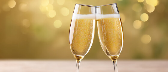 elegant celebration banner with two champagne glasses clinking in soft festive bokeh atmosphere, sparkling drink concept for holiday greetings, party invitations and new year events	
