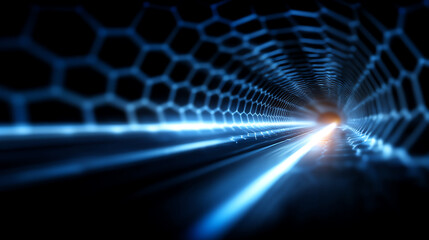 Futuristic tunnel with hexagonal mesh walls and bright blue light beams converging toward a glowing orange focal point, evoking advanced technology and digital networks