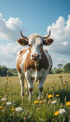 Brown and White Cow in a Sunny Flower Meadow