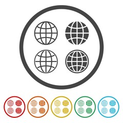 Globe icons set. Set icons in color circle buttons