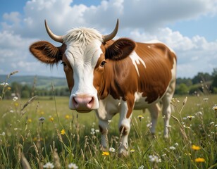 Brown and White Cow in a Sunny Flower Meadow