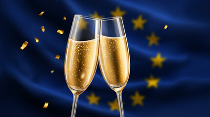 european new year celebration with sparkling champagne glasses and golden confetti on eu flag background, ideal for holiday event promotions, seasonal greeting cards, party invitations