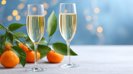 elegant holiday champagne glasses and fresh tangerines on blue background, perfect for christmas and new year marketing, festive greeting cards, website banners, product promotions banners