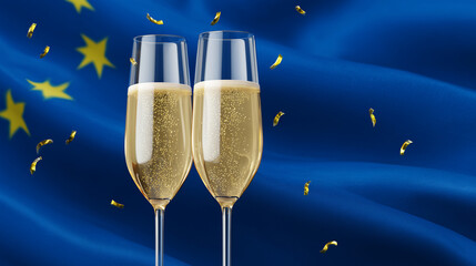 european new year celebration with sparkling champagne glasses and golden confetti on eu flag background, ideal for holiday event promotions, seasonal greeting cards, party invitations
