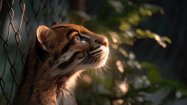 Captivating Close-Up of a Young Wild Cat Gazing Upward with Intriguing Expression and Natural Light Highlights