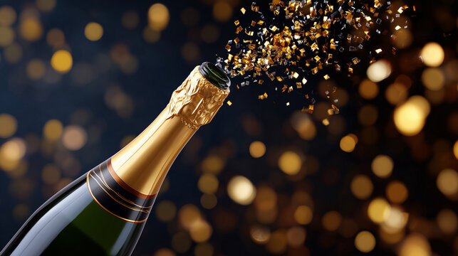 champagne bottle popping with golden confetti explosion on dark festive bokeh background, ideal for new year celebration banners, holiday party invitations, luxury event promotions, festive advertisin