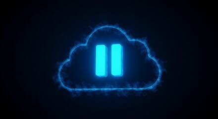 Glowing blue cloud-shaped graphic with pause symbol on black background