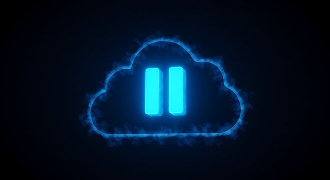 Glowing blue cloud-shaped graphic with pause symbol on black background - Powered by Adobe