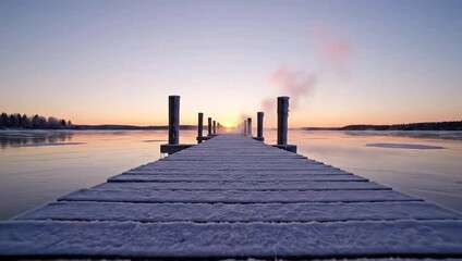 A serene winter sunrise over a snow-covered wooden pier extending into a calm, partially frozen lake. - Powered by Adobe