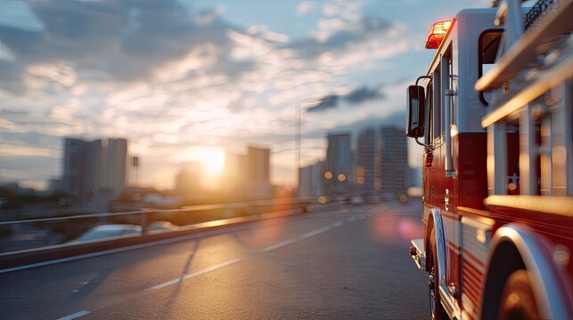 Emergency Response Vehicle on Urban Roadway at Sunset, Highlighting Fire Truck with Siren Lights Active