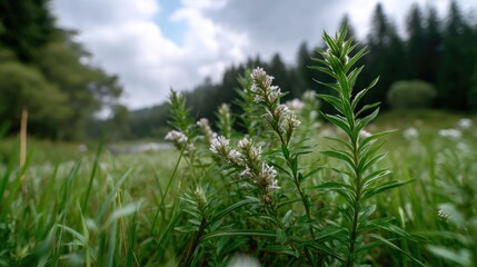Close-Up of Delicate Green Grass and Flowers in Lush Meadow Under a Cloudy Sky