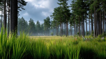 Lush Green Grass and Tall Pine Trees in a Misty Forest Landscape with Dramatic Cloudy Sky