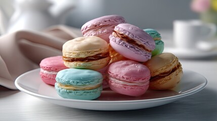 Colorful French Macarons Decoratively Arranged on a White Plate with Soft Natural Lighting