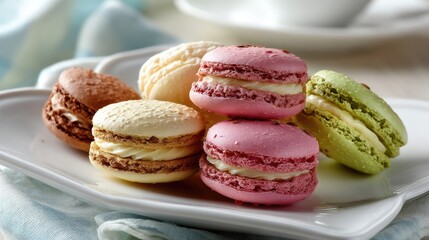 Deliciously Colorful Macarons on a White Plate Displaying Sweet Treats for Dessert Lovers and Foodies