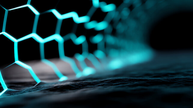 Glowing blue hexagonal grid pattern extends over a dark, textured surface with a blurred background, creating a futuristic and high-tech visual effect