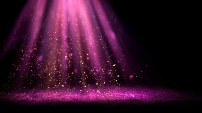Purple and gold glitter particles illuminated by vibrant pink light beams create a sparkling, magical atmosphere against a dark background