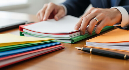 Organized professional reviewing documents for accuracy and compliance in a modern office, ensuring efficiency and meticulous attention to detail, close up