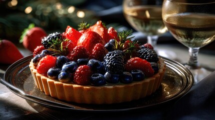 Delicious Fruit Tart Garnished with Fresh Berries and Served with Wine in a Cozy Setting