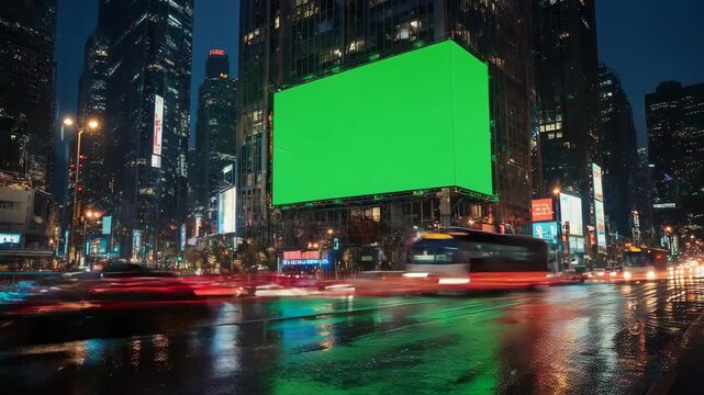 Times Square Green Screen Billboard: Night Cityscape with Traffic and Reflections
