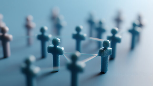 Blue and white miniature figurines connected by thin strings, symbolizing a network or social connection on a blue surface with a shallow depth of field effect