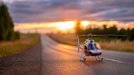 Miniature helicopter model on an empty road during sunset with natural scenery in the background