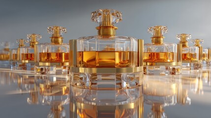 Elegant Collection of Luxurious Perfume Bottles with Glimmering Gold Accents and Warm Tones