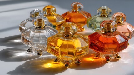 Colorful collection of perfume bottles arranged artistically on a bright surface showcasing elegance and luxury for branding purposes