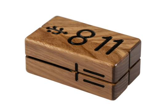 Wooden puzzle box with number 811 carved on top isolated on transparent background