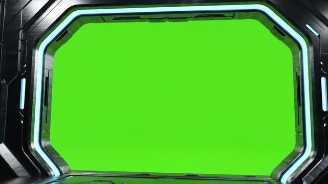 Green screen with a metallic frame and blue lights on a black background with a futuristic design.