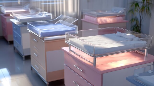 Newborn nursery with empty cribs in a bright and modern hospital setting, ready for newborn babies and family visits