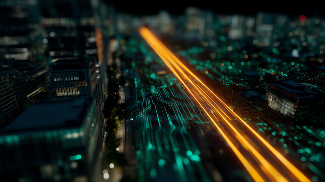 A futuristic cityscape at night with illuminated circuit-like patterns and bright orange light trails symbolizing high-speed data or energy flow