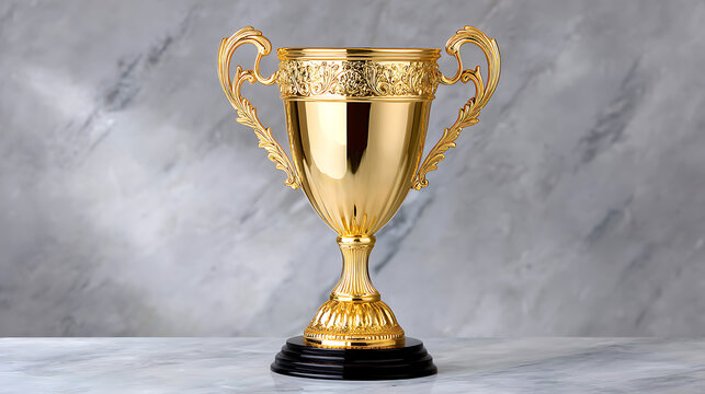 Celebrating victory golden trophy showcase on elegant marble surface