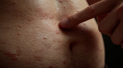 Fototapeta premium Close-up View of a Hand Applying Pressure on Belly Skin Showing Pores and Texture From a Side Angle
