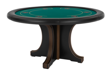 Round green felt poker table with dark wood base isolated on transparent background