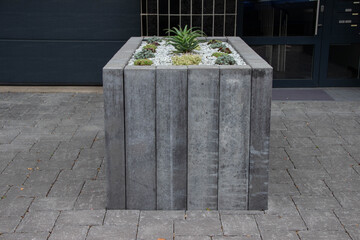 Modern concrete planter box filled with various succulents and decorative stones, showcasing a stylish urban gardening solution with natural elements