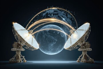 Conceptual illustration of communication via satellites and data transfer across a network