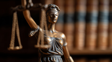 Bronze statue of Lady Justice blindfolded, holding balanced scales, symbolizing impartiality and fairness in law, with blurred legal books in the background